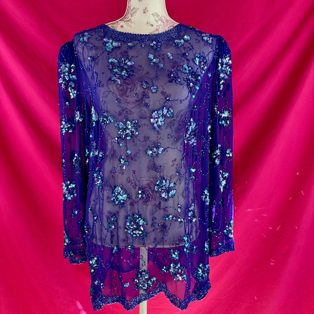 Sequin Beaded Sheer Purple Tunic Top XL Vintage Y2K Lillie Rubin‎ Glam Party - Picture 3 of 17